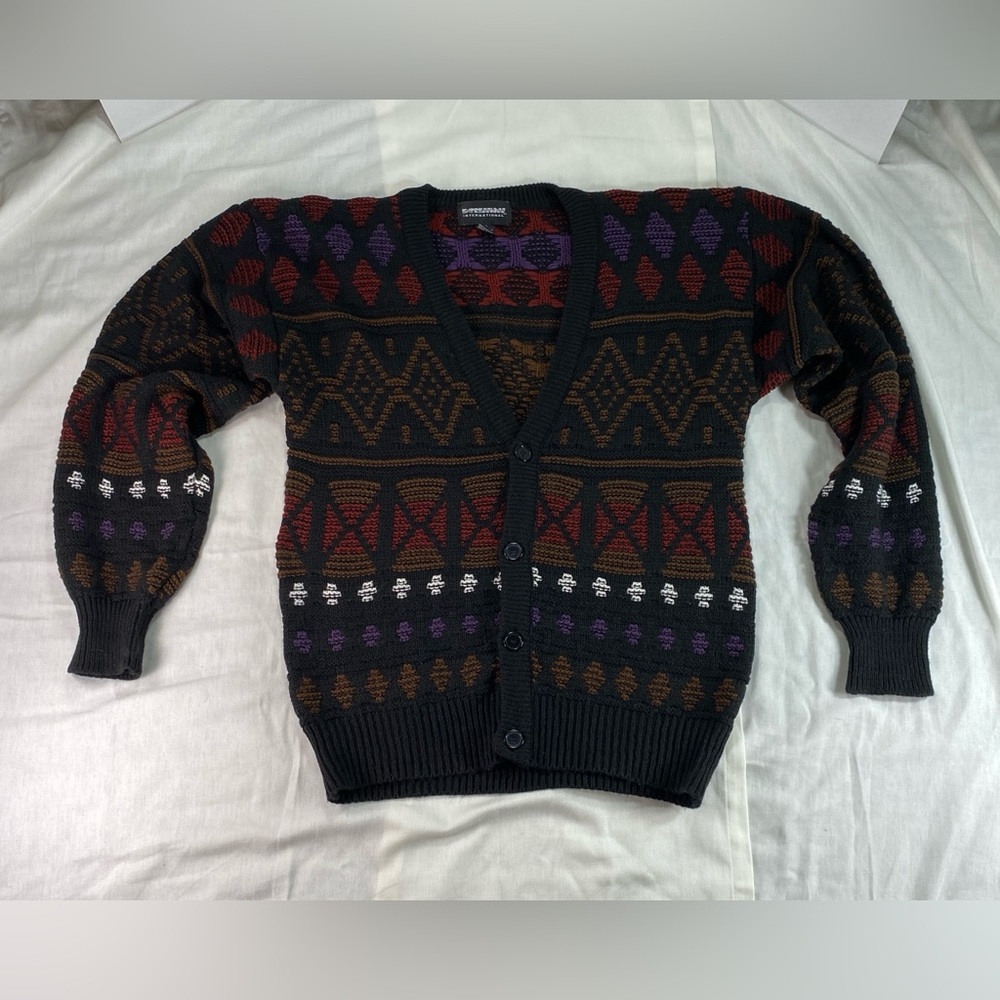 Vtg 90s Expressions International Button Up Cardigan Sweater Geometric Size M